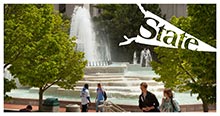 Missouri State pennant: Students walking in front of Hammons Fountain
